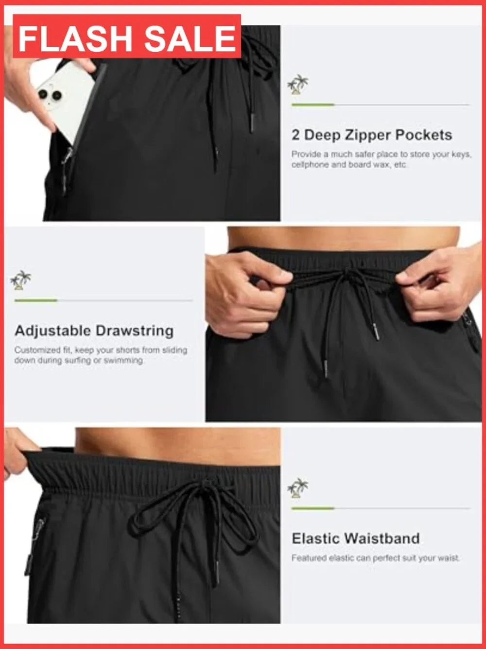 Men's Quick Dry Board Shorts with Zip Pockets UPF 50